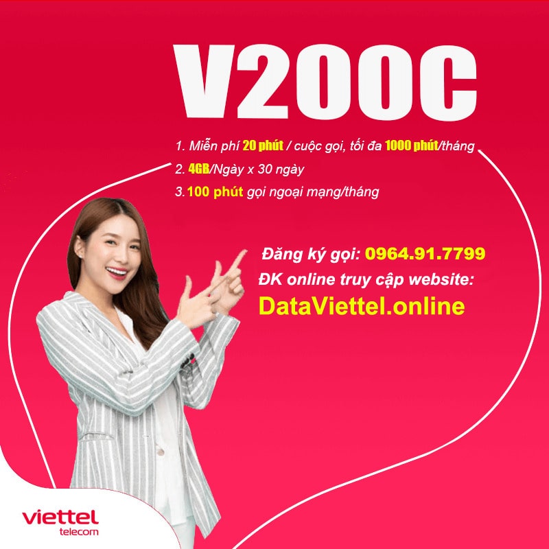 Đăng ký gói cước V200C Viettel 4Gb/ngày ⭐ Gọi Viettel 100p ngoại mạng